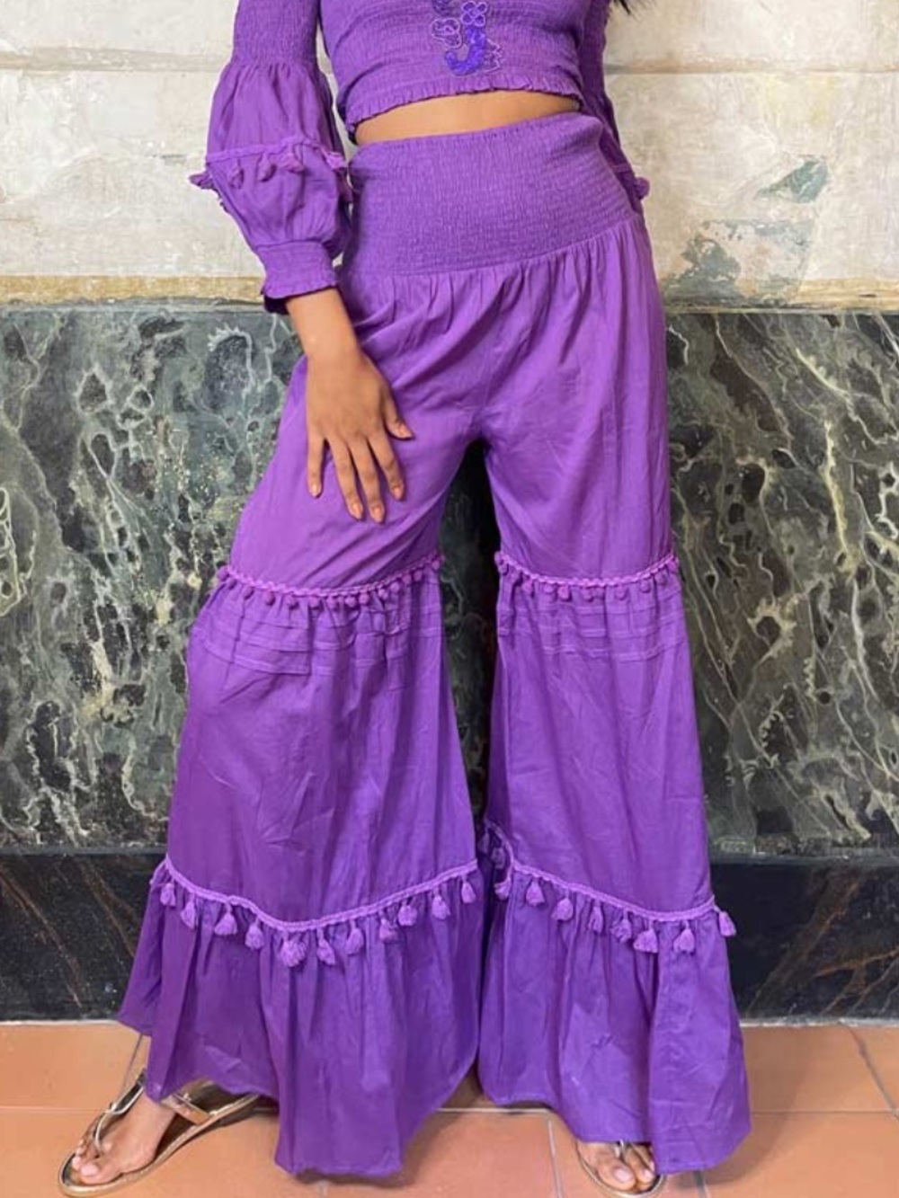 Antica Sartoria Flared Pom Pom Cotton Pants in Purple One Size